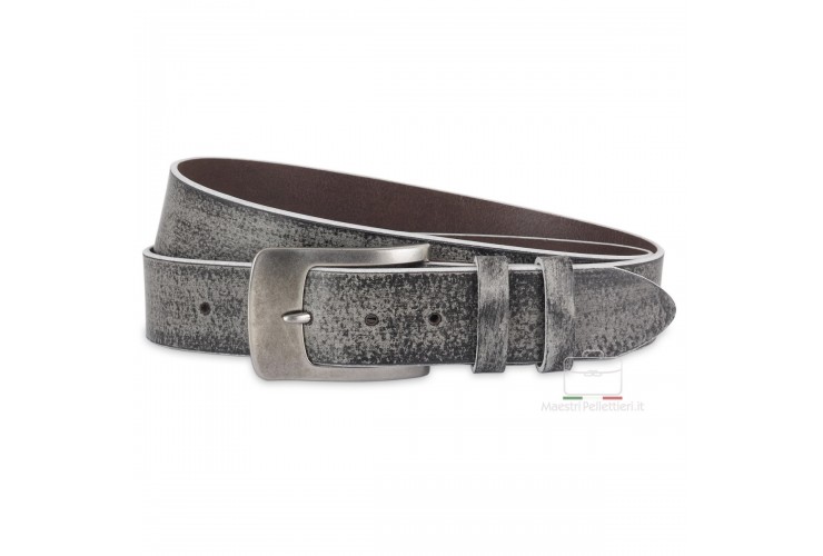 Fashion belt in Graffiti effect leather Black with antiqued buckle