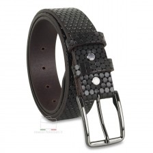 Fashion belt "Hexagons" in leather Brown with black buckle