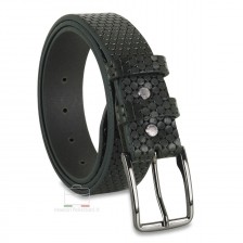 Fashion belt "Hexagons" in leather Green with black buckle