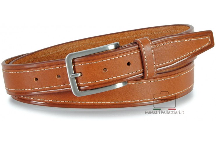 Jeans belt in thick vegetable leather 3.5cm Tan/Cognac