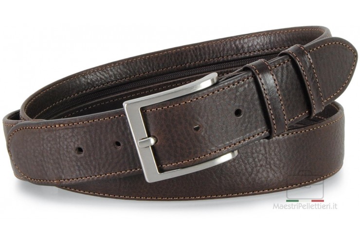 Cintura con cerniera Zip tasca segreta 4cm in pelle Marrone