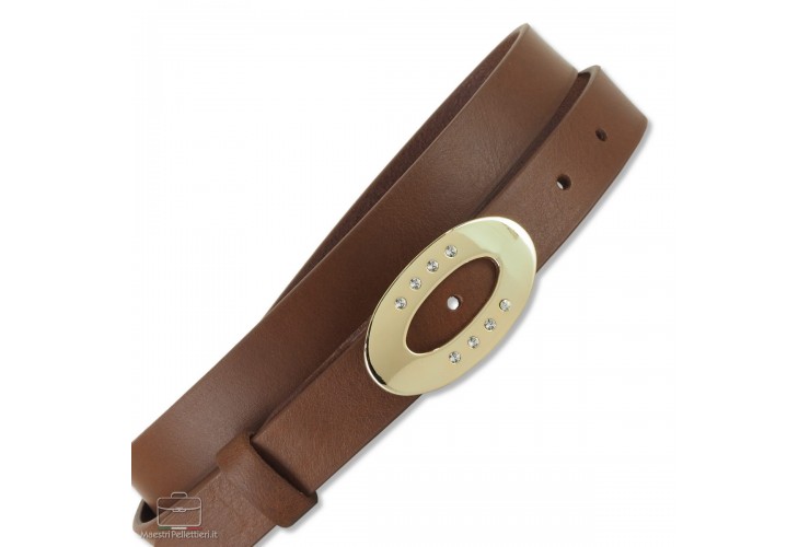 Cintura Donna sottile 2.5cm cuoio Castagno fibbia Ellisse Oro con Swarovski **include omaggio** Cintura Donna sottile 2.5cm cuoio Castagno fibbia Ellisse Oro con Swarovski **include omaggio**