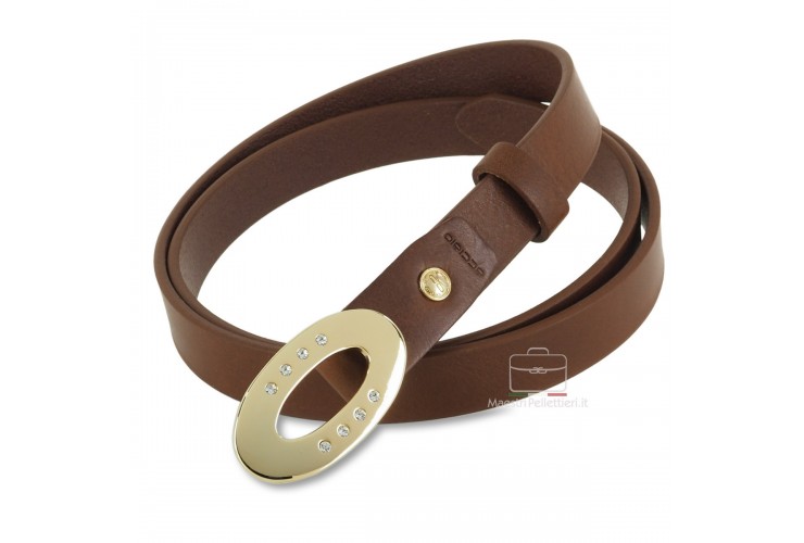 Women's thin belt 2.5cm Ellipse Gold buckle with Swarovski, leather Chestnut