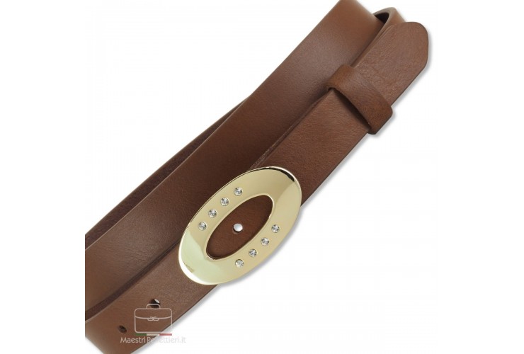Women's thin belt 2.5cm Ellipse Gold buckle with Swarovski, leather Chestnut