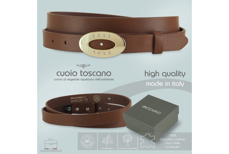 Cintura Donna sottile 2.5cm cuoio Castagno fibbia Ellisse Oro con Swarovski **include omaggio** Cintura Donna sottile 2.5cm cuoio Castagno fibbia Ellisse Oro con Swarovski **include omaggio**