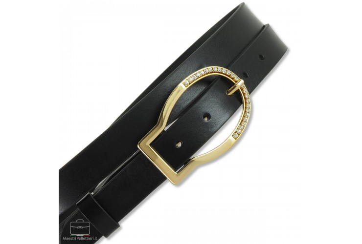 Women's thin belt 2.5cm Oval Gold buckle with Swarovski, leather Black **incl. gift**