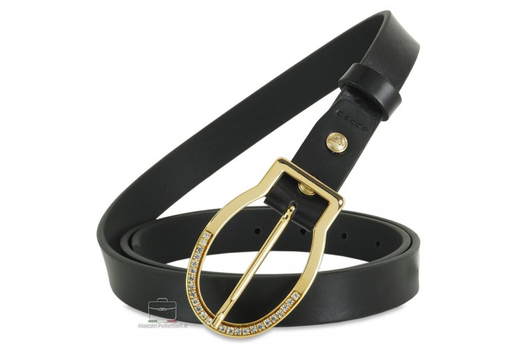 Women's thin belt 2.5cm Oval Gold buckle with Swarovski, leather Black **incl. gift**