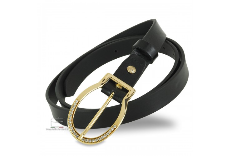Women's thin belt 2.5cm Oval Gold buckle with Swarovski, leather Black **incl. gift**