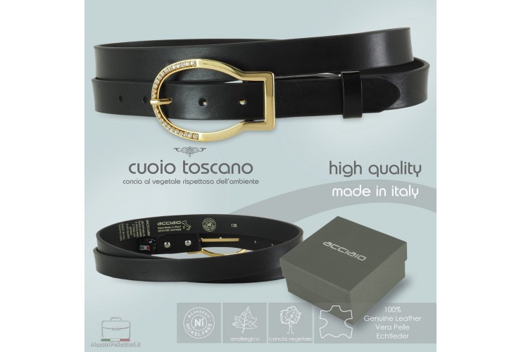 Women's thin belt 2.5cm Oval Gold buckle with Swarovski, leather Black **incl. gift**