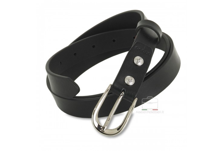 Women's skinny belt 2.5cm Silver buckle, leather Black