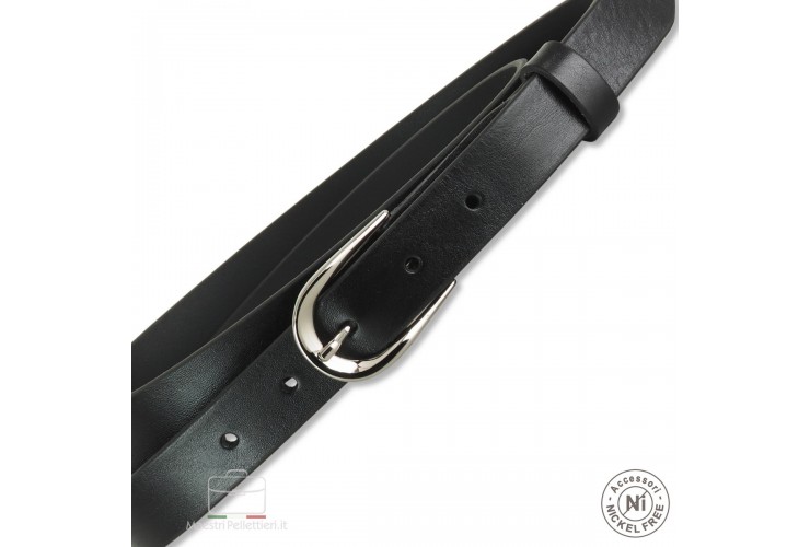 Women's skinny belt 2.5cm Silver buckle, leather Black