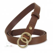 Women's skinny belt 2.5cm Eclipse Gold buckle, leather Chestnut/Brown