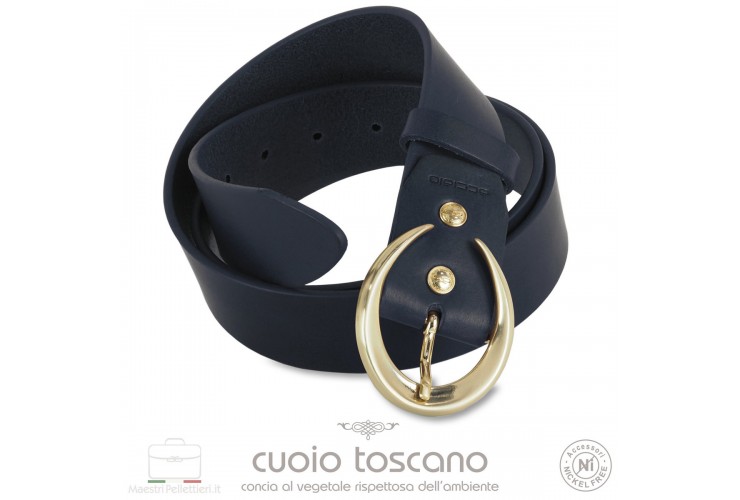 Woman's belt Moon Gold buckle leather Blu Woman's belt Moon Gold buckle leather Blu
