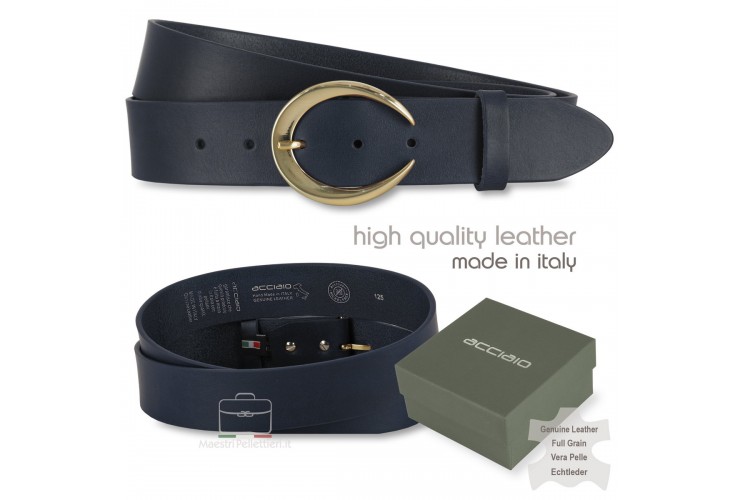 Woman's belt Moon Gold buckle leather Blu Woman's belt Moon Gold buckle leather Blu