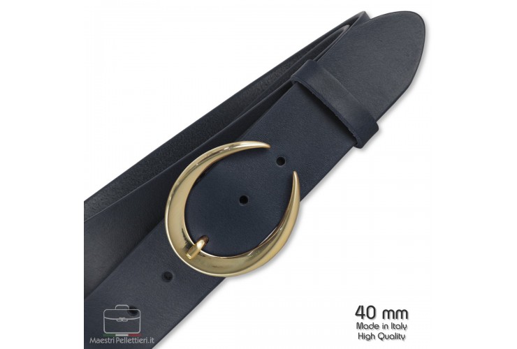 Woman's belt Moon Gold buckle leather Blu Woman's belt Moon Gold buckle leather Blu