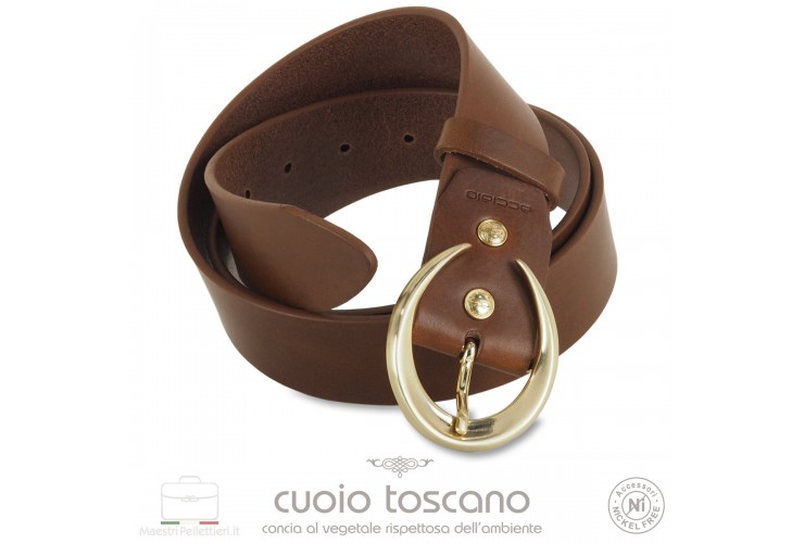 Woman's belt Moon Gold buckle leather Chestnut Woman's belt Moon Gold buckle leather Chestnut