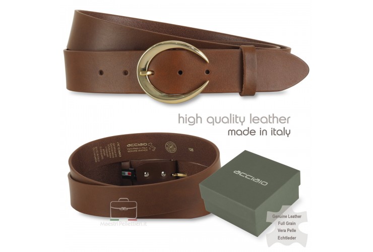 Woman's belt Moon Gold buckle leather Chestnut Woman's belt Moon Gold buckle leather Chestnut