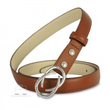 Thin woman belt Infinity Palladium buckle leather Cognac