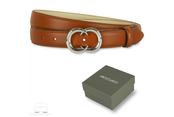 Woman belt Cognac Leather 3cm with Gemini palladium buckle