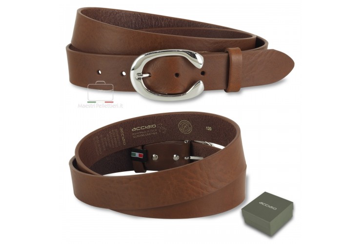 Woman belt Brown/Chestnut Leather 3.5cm with Aries palladium buckle