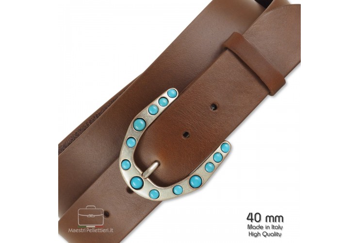 Breiter Damengürtel aus Leder Kastanie mit Yuma-Schnalle Breiter Damengürtel aus Leder Kastanie mit Yuma-Schnalle