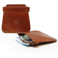 Coin pouch, spring closure, 2 pockets, in Vegetable leather - Cognac/Tan