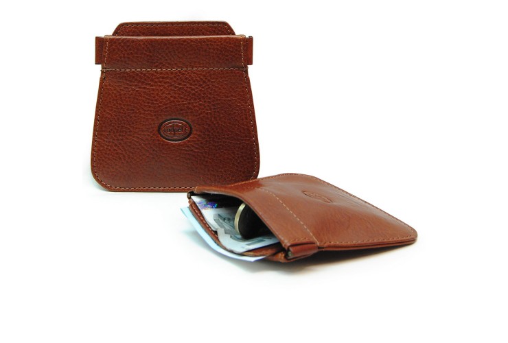 Coin pouch, spring closure, 2 pockets, in Vegetable leather - Cognac/Brown