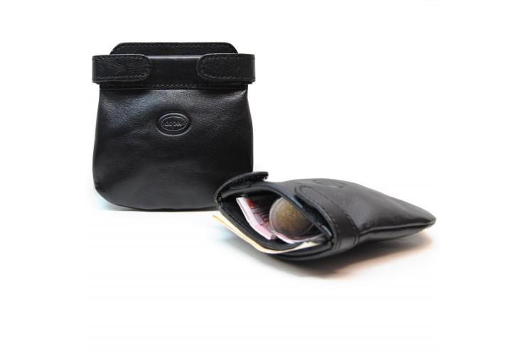 Coin pouch soft, spring closure, 2 pockets, in Vegetable leather - Black