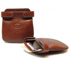 Coin pouch soft, spring closure, 2 pockets, in Vegetable leather - Cognac/Brown