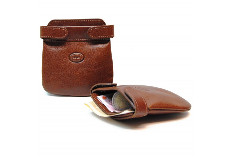 Coin pouch soft, spring closure, 2 pockets, in Vegetable leather - Cognac/Brown