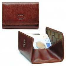Coin pouch with wide pocket, button closure, Vegetable leather Cognac