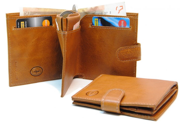 Herren mini Portmonee mit münzfach 2kk und druckknopf, pflanzlich gegerbt leder Honig