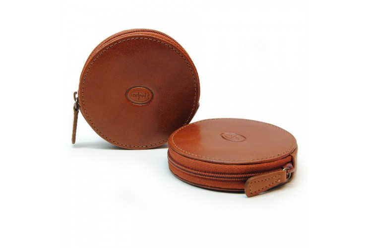 Coin and jewel pouch, wheel-shaped, zip closure, Vegetable leather - Tan/Cognac