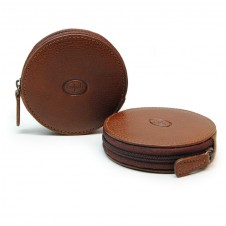 Coin and jewel pouch, wheel-shaped, zip closure, Vegetable leather - Mohogany/Brown