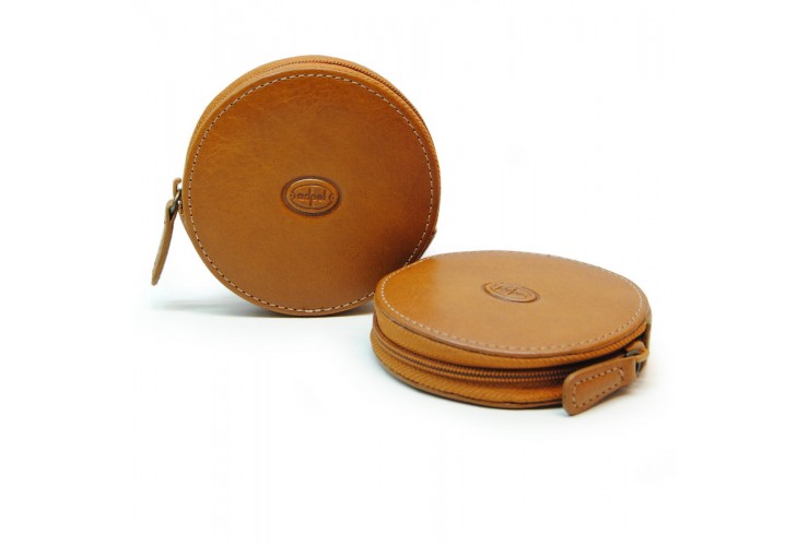 Coin and jewel pouch, wheel-shaped, zip closure, Vegetable leather - Honey/Tan