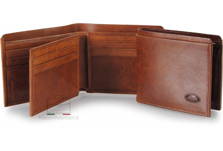 Men's small leather wallet with flap 10 cards - Italian vegetable leather brown