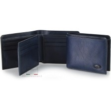 Men's small leather wallet with flap 10 cards - Italian vegetable leather blue