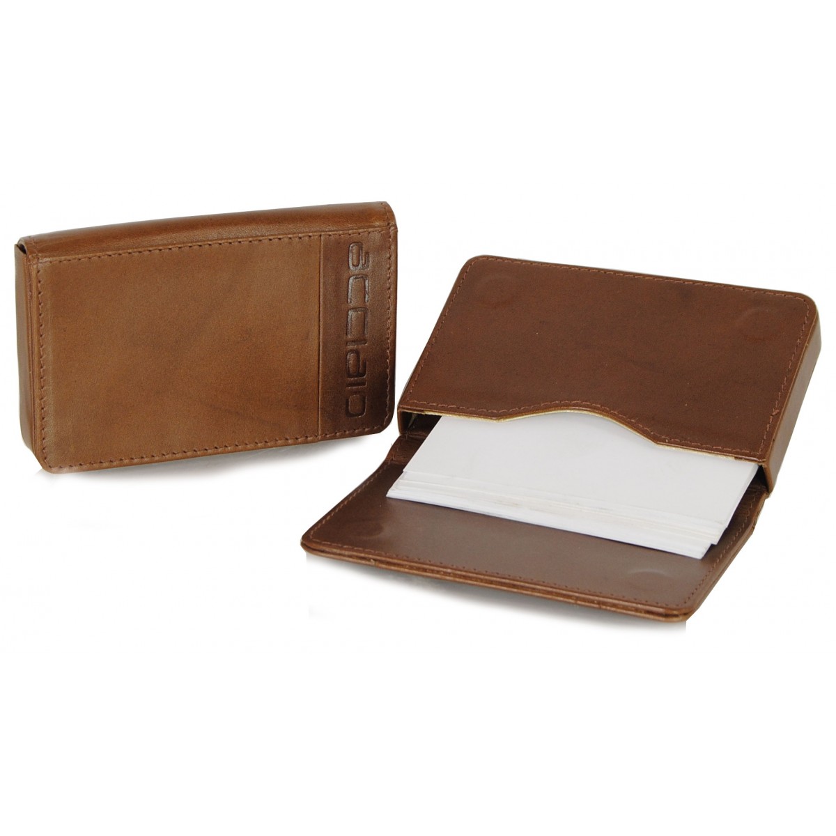 Porta biglietti da visita in pelle cognac, box rigido Acciaio