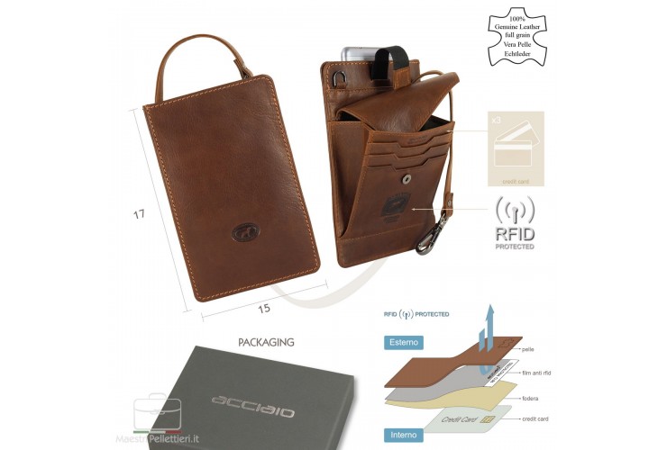 Leather bag for smartphone, travel shoulder bag / belt pouch Chestnut