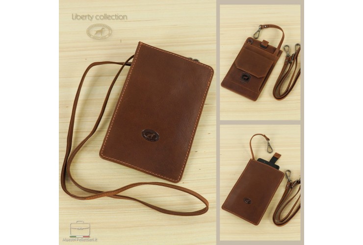 Leather bag for smartphone, travel shoulder bag / belt pouch Chestnut