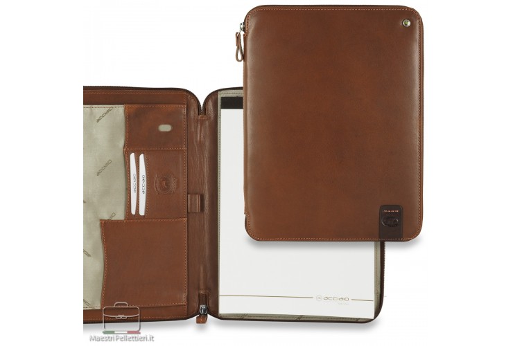 Document zip folder for notepad with iPad 11" pocket in leather Chestnut