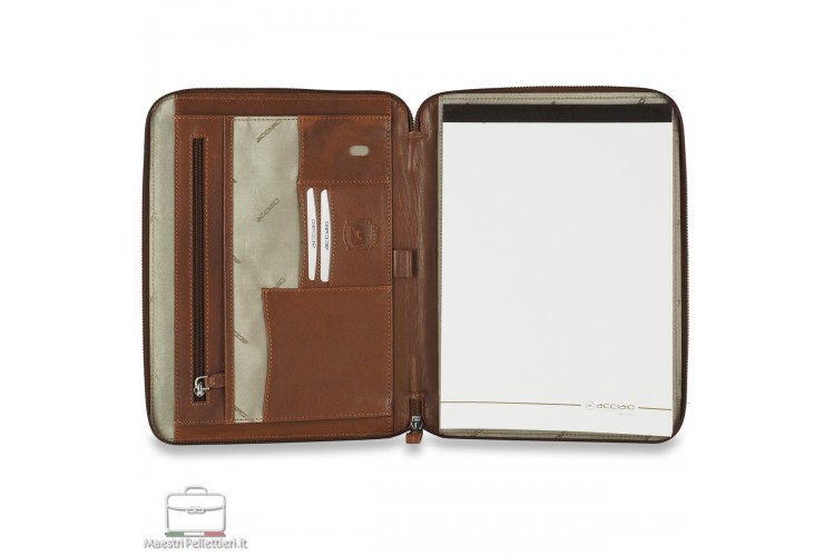 Document zip folder for notepad with iPad 11" pocket in leather Chestnut