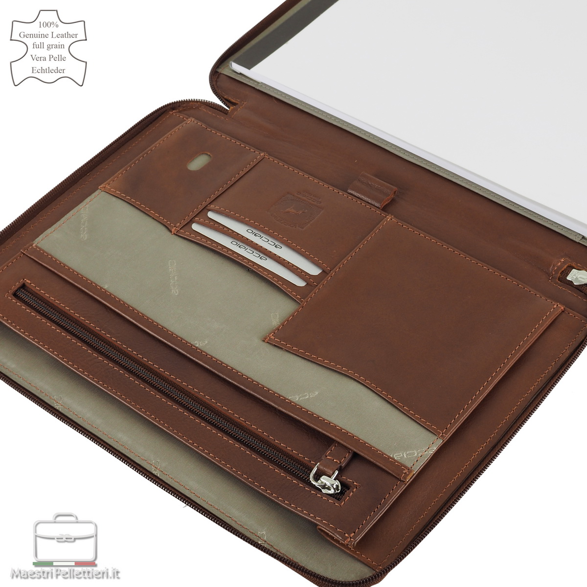 Portablocco Office In Finta Pelle Con Zip - 28x36cm - Marrone - Tasca Interna E Anelli - Foto 1