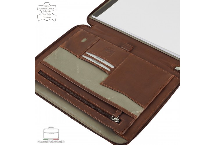 Document zip folder for notepad with iPad 11" pocket in leather Chestnut