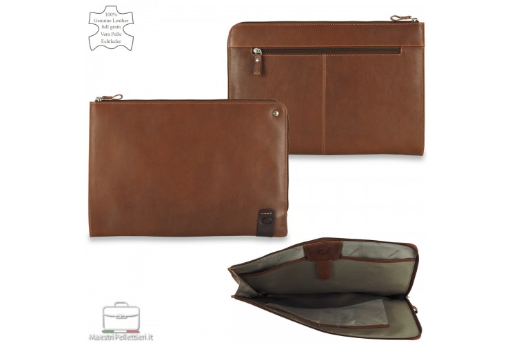 Portadocumenti zip A4 Cartellina, tasca iPad 13", in pelle Castagno
