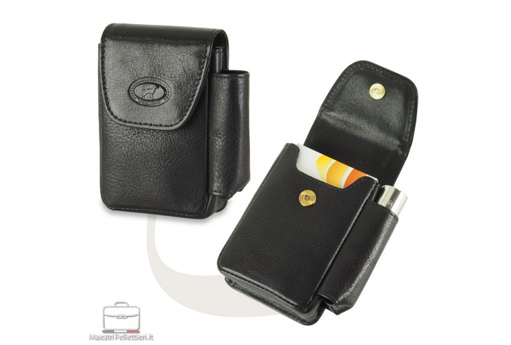Zigaretten etui mit Feuerzeugfach aus Leder in Schwarz Zigaretten etui mit Feuerzeugfach aus Leder in Schwarz