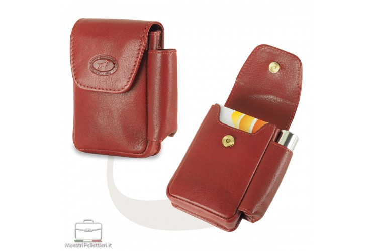 Custodia Portasigarette con vano accendino in pelle, Rosso Custodia Portasigarette con vano accendino in pelle, Rosso