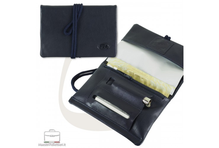 Leather tobacco pouch with lace Blue