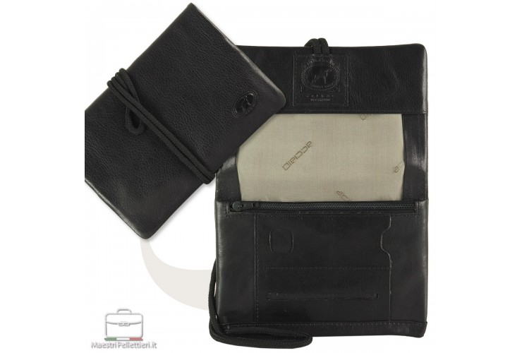 Portatabacco in pelle con laccio, cuoio Nero Portatabacco in pelle con laccio, cuoio Nero