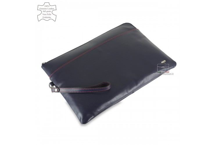 Portadocumenti zip A4 Cartellina in pelle liscia Blu